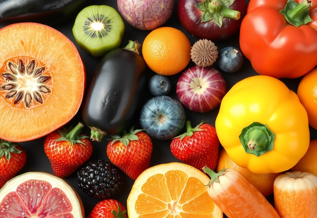 Frutas y verduras coloridas dispuestas artísticamente