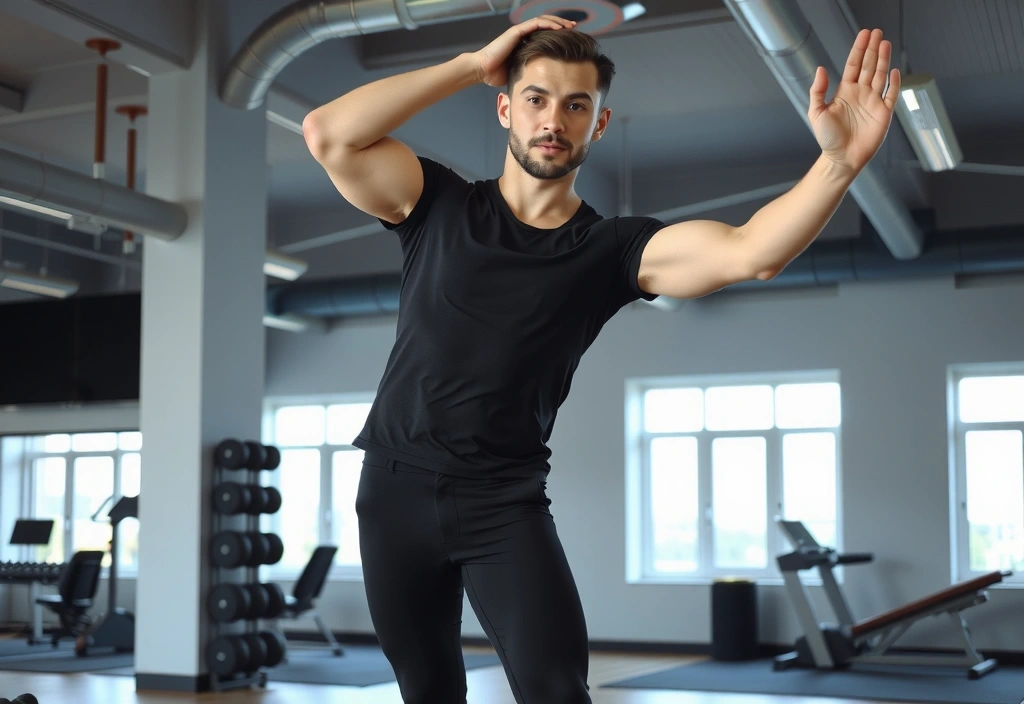 Hombre joven haciendo ejercicio de estiramiento en un gimnasio