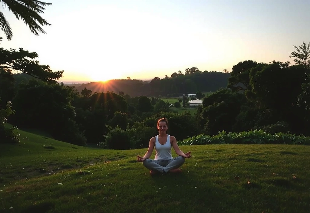 Persona meditando en un entorno natural al atardecer