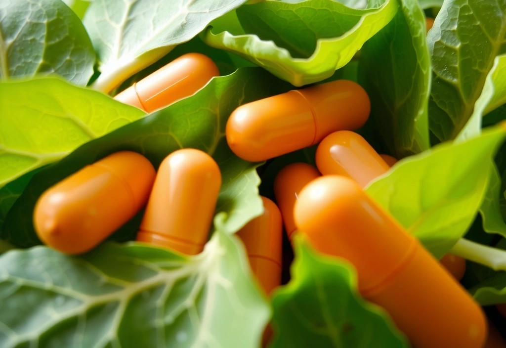 Cápsulas de vitaminas y hojas verdes