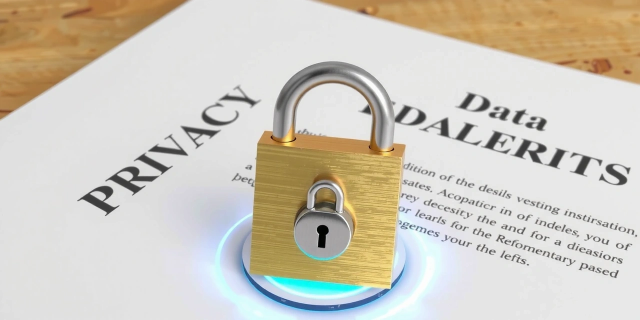 Ilustración de un candado digital y documentos legales, simbolizando la seguridad y privacidad de los datos.
