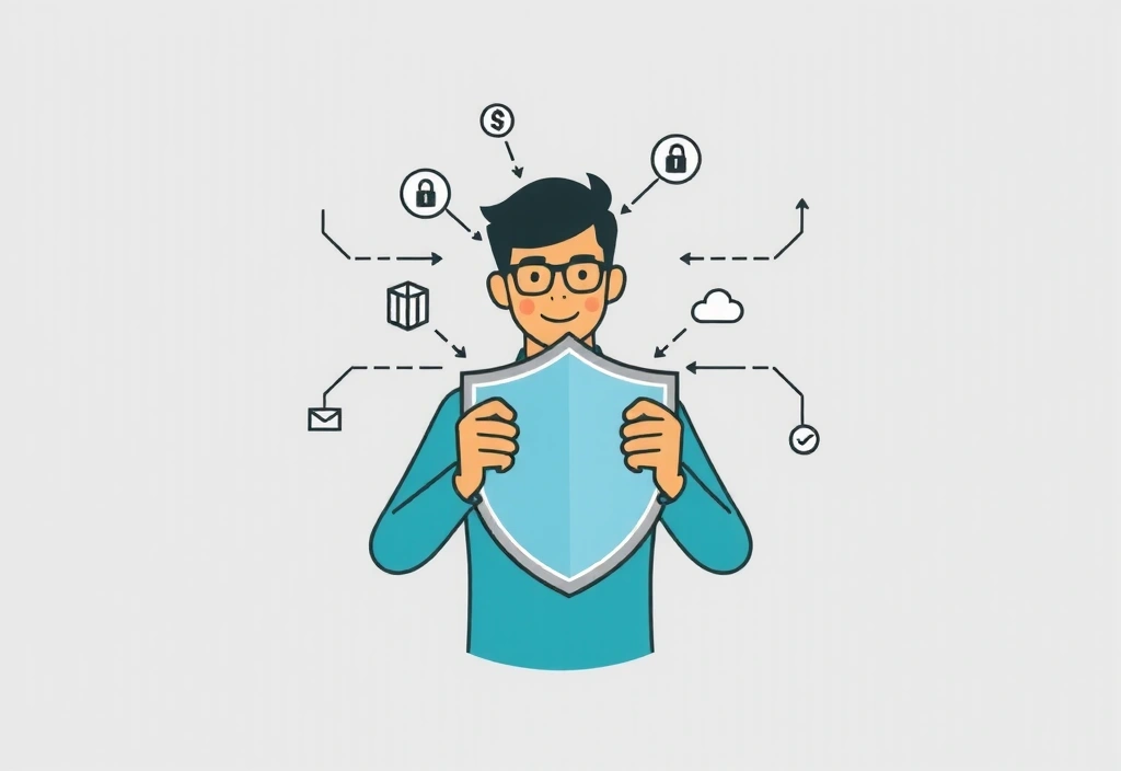 Ilustración de una persona protegiendo datos con un escudo digital